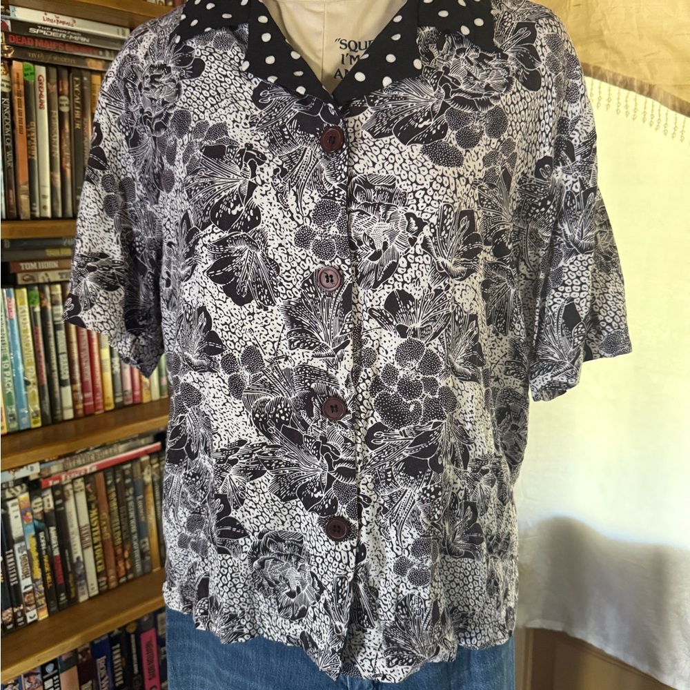 Nordstrom Vintage Floral Blouse with Polka Dot Collar Medium Rayon